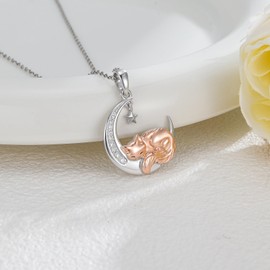 Diamond Cat Necklace for Women 925 Sterling Silver Sleeping Animal and Moon Pendant with Lab Grown Diamonds Lovely Animal Jewelry Gifts