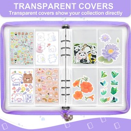 Sticker Storage Organizer Reusable Sticker Book Album Binder Sticker Holder for Adult Kids, 40 Release Paper&220 Pockets Zipper Closure Blank Collecting Display, 4 Types of Transparent Pocket (Purple)