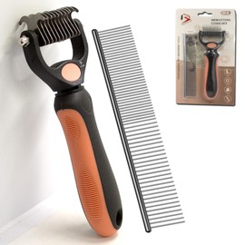 BeautyTrack Pet Dematting Comb Set, Dual-Sided Grooming Rake for Dogs and Cats, Professional Deshedding Tool with Stainless Steel Teeth, Pet Grooming Rake and Brushes for Small & Medium (Melon, S)