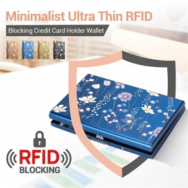 BONSYL® RFID Blocking Credit Card Holders, Slim Metal Credit Card Case Wallet with 6 Slots for Women or Men. (6 Card/Blue/Flower)