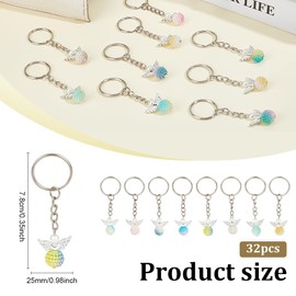 CRAFTYMELODY 32Pcs 8 Colors Angel Keychain Colorful Acrylic Angel Pearl Beads Pendant Keychain Guardian Fairy Silver Wing Charms Key Rings with Iron Ring Hoop for Bag Pouch Purse Key Holders