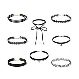 Choker Necklace Set, 9 Pieces Stretch Collar Tattoo Chains Choker for Teen Girls Women Velvet Black 28 + 7 cm, black