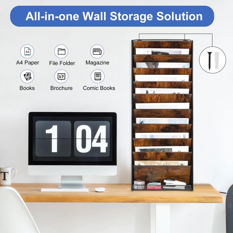 Solinxe 10-Tier Wall File Organizer, Wood Mail Organizer Wall Mounted