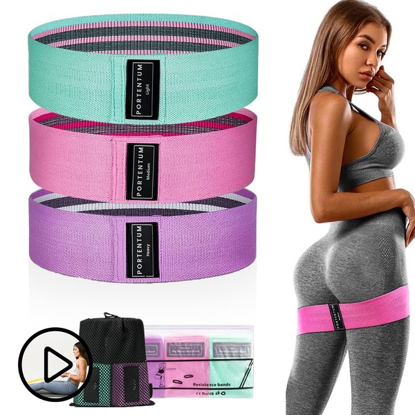 PORTENTUM Resistance Bands, Fitness Bands Set, Yoga Strap in 3 Tensile Strengths, Training Band, Yoga Band as Resistance and Support for Leg Training, Video with Included Exercises, Pink, Green,