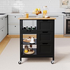 DWVO Rolling Kitchen Island Cart with 3 Drawers, Soild Wooden Countertop Kitchen Storage Cabinets, Drawers Cart for Home Dining Area, Black