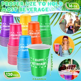 Mimorou 120 Pcs 16 oz Happy Retirement Party Plastic Cups Bulk Tropical Hawaiian Retirement Party Decorations Supplies Luau Summer Beach Pool Disposable Drinking Cups 6 Assorted Colors
