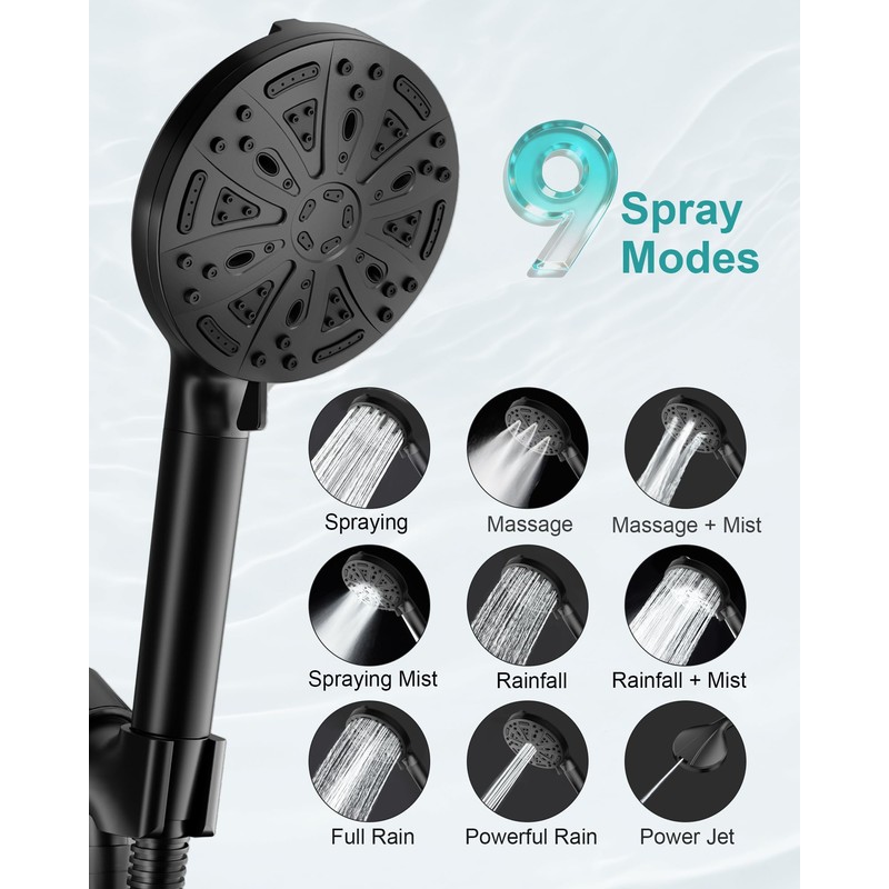 Black Filtered Shower Head Handheld, 3 Filters Hard Water Softener