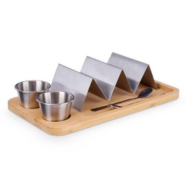 Giftdecor Taco Holder with Bamboo Board, 2 Sauce Boats and 2 Spoons - Elegant Stainless Steel Table and Kitchen Utensils Set - Ideal for Catering, Taquerias and Bars