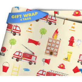 Otter Dotter Fire Trucks | Fire Engine Design Kids Wrapping Paper | Gift Wrap for Boys | Firetruck White (2 sheets)
