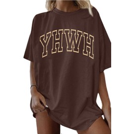 MNLYBABY YHWH Oversized Shirt Women Christian Tshirts Jesus Faith Inspirational Casual Tee Tops Brown