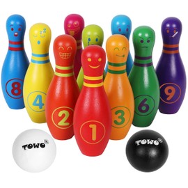 TOWO Wooden Skittles for Children - Wooden Skittle Set with Facial Emotions and Numbers - 10 Pin Bowling Set for Kids Indoor and Garden toys - Wooden Toys for 2 years old Toddler