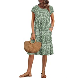 AUSELILY Women's Summer Short Sleeve Knee-Length Dresses Round Neck Loose Dress with Pockets 2025 New, Flyleaf Olive L