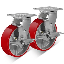 LONGRUNFORU 6" X 2" Industrial Brake Caster Heavy Duty,Load Capacity 1200lbs, No Noise Polyurethane Wheel on Steel Hub for Toolbox Workbench (2 Pack)