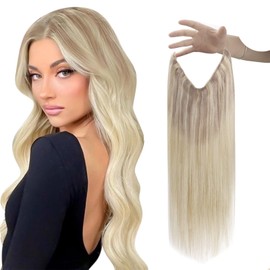 Sunny Hair Wire Hair Extensions Human Hair Invisible Wire Hair Extensions for Women Straight Hidden Hair Extensions with Adjustable Line Ash Blonde to Medium Blonde and Platinum Blonde 20Inch