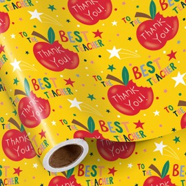 RUSPEPA Teacher Appreciation Wrapping Paper Roll, Mini Roll, Thank You Apple and Star Design, Yellow Gift Wrap Paper for Teacher Gifts, End of School, Back to School, Graduation, 17 Inches x 16.4 Feet
