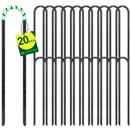 Maygrove 12 Inch Rebar Stakes Heavy Duty 20 Pack, U Shaped Ground Stakes, Galvanized Steel Trampoline Stakes, Tent Anchor Kit Anti-Rust, Drip Hose Wind Stakes, Black
