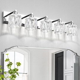 VOLISUN Crystal Vanity Lights for Bathroom, 5 Light Bathroom Vanity Light, Modern Stainless Steel Bathroom Light Over Mirror, Chrome Bathroom Light Fixtures-UL Certificated(Exclude Bulb)