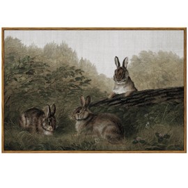 InSimSea Framed Wall Art for Living Room Canvas Print Animal Decor Three Rabbits Vintage Aesthetic Room Decor Landscape Oil Painting Farmhouse Wall Picture for Bedroom Bathroom Office 16x24in