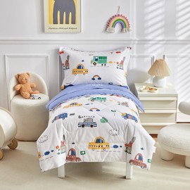 DuShow 4 Piece Cotton Toddler Bedding Set for Girls,Pink Toddler Comforter Set Bed in a Bag,Reversible Crib Bed Sheets Set with Animal Pattern, Include Comforter,Flat Sheet,Fitted Sheet,Pillowcase