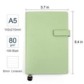 WETLOTE A5 Notebook, Softcover Journal, 106 Pages Straight Grain Lined Paper with Closure, Bookmark, Inner Pocket, for School, Office and Travel, 14 x 21 cm, Grass Green (13)