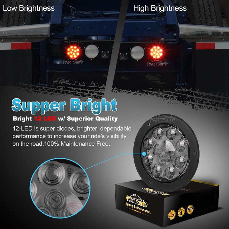 Partsam 2Pcs 4 Inch Round Red LED Trailer Tail Lights
