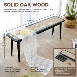 Towood Lifee Entryway Bench, Solid Wood Kitchen Dining Bench, Mid Century Modern End of Bed Bench with Rattan Woven Top for Bedroom, Dining Room, Entry Way, 39.4" L x 11.2" W x 17.7" H, Black