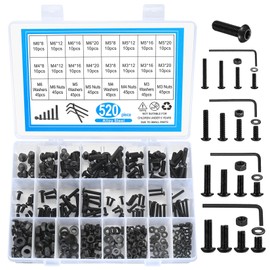 520 Pcs M3 M4 M5 M6 Bolts and Nuts Set, Black Machine Screws Assorted Nuts and Bolts Assortment Kit, Hexagon Fastener Hex Socket Head Cap Screws and Washers Set