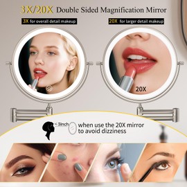 FUNTOUCH 3X/20X Wall Mounted Lighted Makeup Mirror,5000mAh Rechargeable Double Sided Magnifying Bathroom Mirror with Lights,3 Color Lighting,Touch Dimmable,Extended Arm 360 Rotation Light up Mirrors