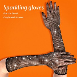 Mikovivi Long Mesh Gloves Rhinestones Mesh Arm Warmers Elbow Length Mesh Gloves Glitter Arm Warmers Costume Accessories for Women Girls Evening Party Prom, black
