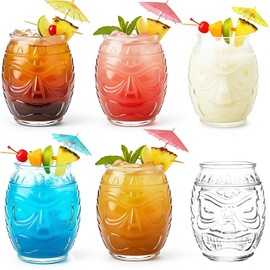 TOPZEA 6 Pack Modern Bar Tiki Glass Mug, 16 Oz Clear Tiki Glasses Cups Double Face Old Fashioned Mixed Cocktail Mugs for Mai Tai, Pina Colada, Punch, Hawaiian Luau Halloween Party Drinkware