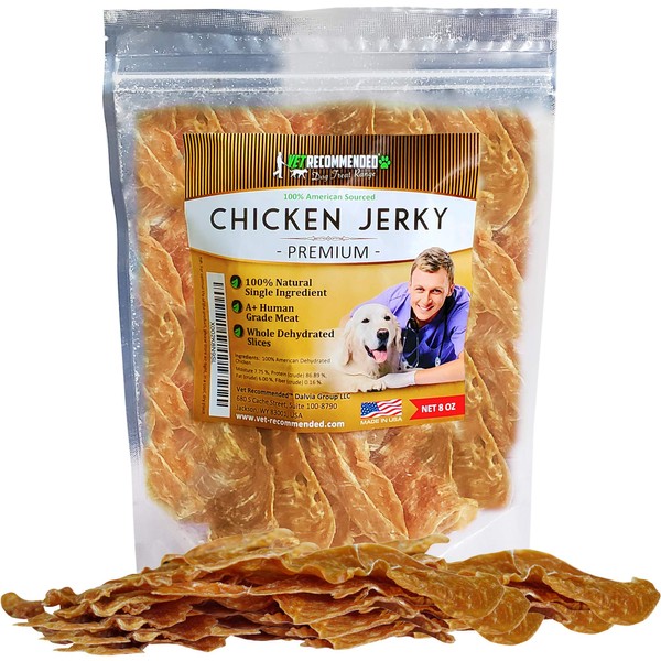 Vet Recommended Premium Chicken Jerky for Dogs - Giant 8oz Bag | All Natural Dog Treats - Single Ingredient - No Fillers or Preservatives - Whole Dehydrated Chicken; Not Formed - Made in USA