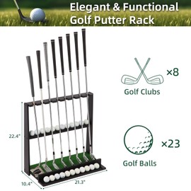EnigmaSoul Wooden Golf Putter Stand with Ball Storage - Holds 8 Clubs & 22 Golf Balls, Space-Saving Golf Club Holder for Indoor/Home/Office/Simulator/Driving Range - Golf Accessories & Training Aid