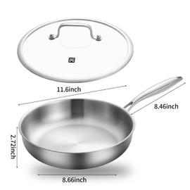 GOLDEN KEY Tri-Ply Stainless Steel Frying Pan with Lid,12 inch Skillets and Frying Pans,Stainless Steel Cookware Oven Safe 500F, Fast & Even Heat,Compatible with All Cooktops,Dishwasher Safe