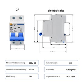 25A DC 2-Pole Circuit Breaker 500 V - Thermal Magnetic Solar Circuit Breaker with DIN Rail Mounting for PV Systems and Solar Systems (Reliable Isolator Switch)