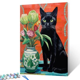 Black Cat Sitting by the Floral Vase Oil Painting Paint by Number Kits 16 x 20 inch Canvas Green Flowers DIY Painting for Kid Students Adult Beginner with Brushes Acrylic Pigment(without Frame)