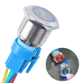 DMWD 22MM Two Colors LED Metal Latching Push Button Switch Waterproof Anti-Vandal 1NO 1NC SPDT 12V 7/8" Mounting Hole with Pre-Wired Socket for Doorbell Car Boat (Red/Blue Light)