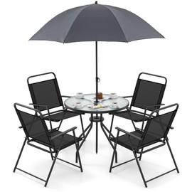 Giantex 6 Pieces Patio Dining Set, Folding Patio Chairs Set of 4, Tempered Glass Umbrella Table with Hole, Patio Table and Chairs for Lawn, Deck, Poolside, Backyard (Grey)