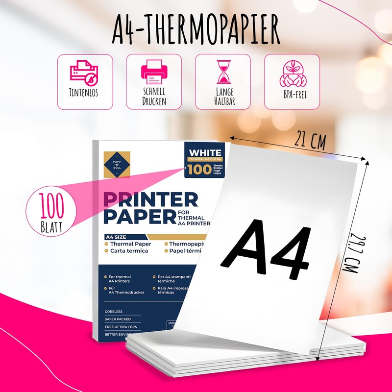 Papp'n'Roll Thermal Printer Paper Rolls, A4, 100 Sheets, BPA-Free, Compatible