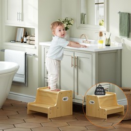 HOOBRO Step Stool for Kids, Two Step Toddler's Stool, Kids Potty Training Stool with Handles, Non-Slip Pads for Safety, Easy to Move, for Sink, Bathroom, Bedroom, Natural NL01JD01