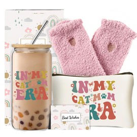 DHQH Cat Lover Gifts for Women, Cute Birthday Presents Cats Themed Gift, Cat Mom Gifts Set with 16 Oz Glass Cup for Mothers Day Thanksgiving Christmas