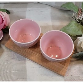 Willow Set of 2 Ceramic Pink Butterfly Desert Soup Dish Bowls Bamboo Tray 3.25"