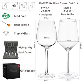 YULVINE Crystal Red Wine Glasses Set of 4,Hand Blown 16oz,Italian Modern Stemmed White Wine Glasses with Long Stem for Bordeaux,Wine Tasting Guide Gift for Party House Warming