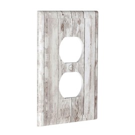 Rustic White Grey Distressed Faux Wood Grain Vintage Wooden Plank 1 GangDuplex Receptacle Switch Wall Plate Jumbo Electrical Outlet Cover Receptacle PlugCovers Faceplate Farm Light Brown Kitchen Decor