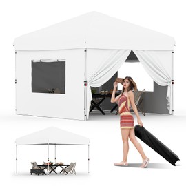 GarveeLife 10'x10' Pop Up Canopy Tent with 4Pcs Sidewalls, Portable Instant Commercial Canopy with 4 Stakes, 4 Ropes, 4 Sandbags for Farmers' Market, Patio, Outdoor, Camping (White)