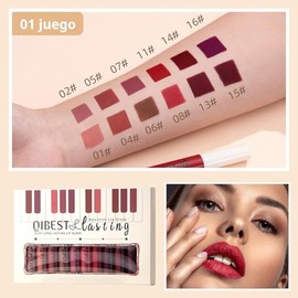 QiBest - Juego de 12 labiales líquidos mate para niñas y mujeres, 24 horas de duración, impermeables, tonos naturales y rojo oscuro, brillos labiales 
