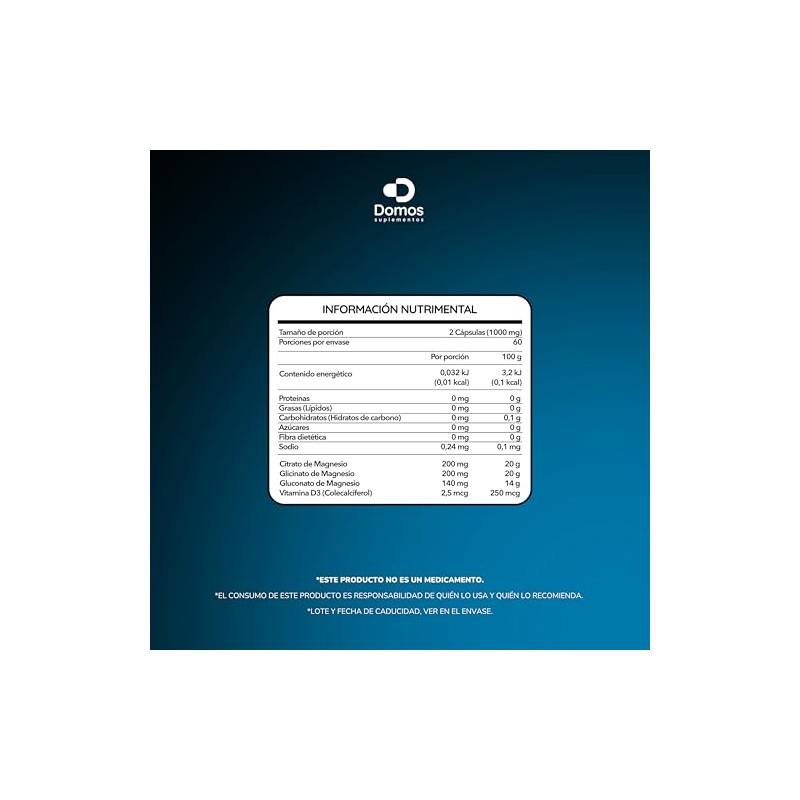 Suplementos Domos - Magnesio Mix: Citrato, Glicinato Y Gluconato-120 Cápsulas