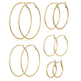 Fashion Trendy 5-Pair Large Gold Hoop Earrings for Women Stainless Steel Lightweight Hypoallergenic Jewelry Set for Everyday Wear (30/40/50/60/70MM Sizes)