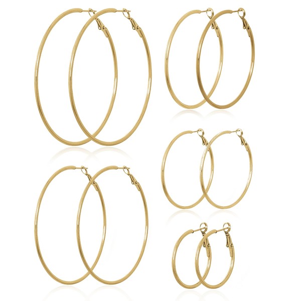 Fashion Trendy 5-Pair Large Gold Hoop Earrings for Women Stainless