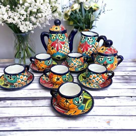 Handcrafted 15-Piece Talavera Tea Set - Mexican Ceramic Pottery