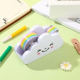White Tape Desk Dispenser Cloud Tape Cutter with Rainbow Tape Dispenser Cute Tape Dispenser Holder for Home School Office Stationary Packaging Wrapping Craft Supplies